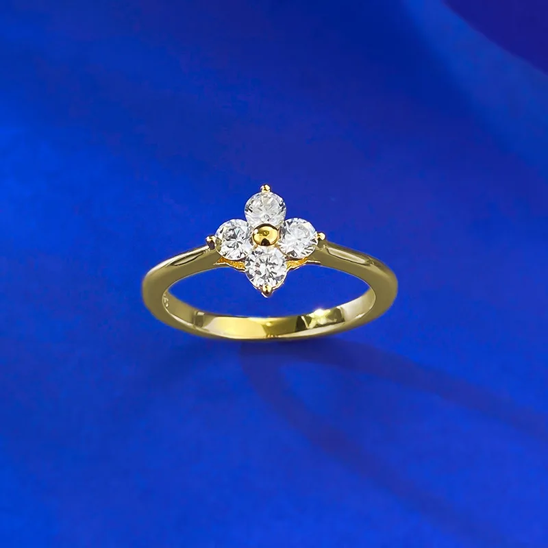 Small Fresh Style S925 Silver Ring Live New Four-leaf Clover with Geometric Lab Diamond Lucky Grass French for Party Gift