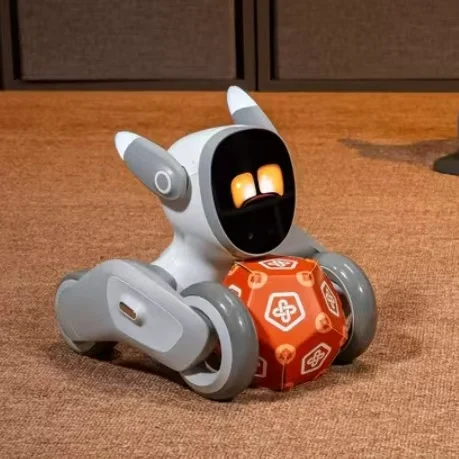 Modern robot dog toy with metallic silver finish, glowing blue eyes, and articulated legs