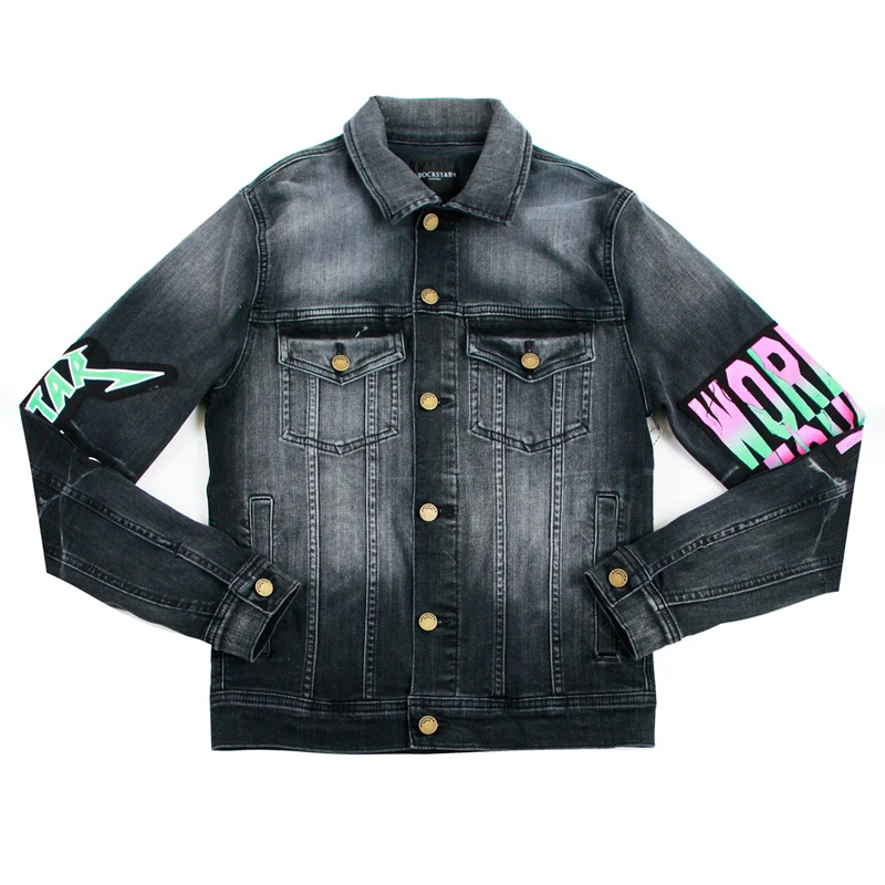 DiZNEW top sell grey denim jacket Print patches washed men hip hop street wear button up best material denim jacket manufacture