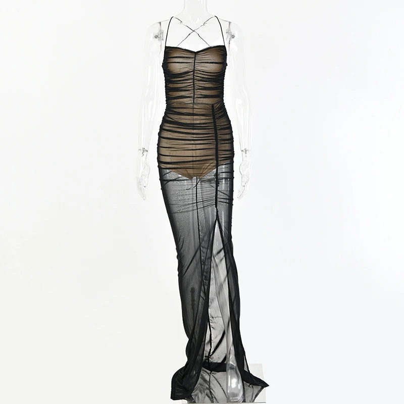 Sexy See Through Mesh Ruched Maxi Dress Women Spaghetti Strap V Neck Backless High Split Summer 3027