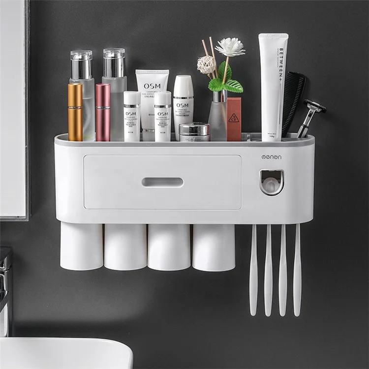 
Plastic Magnetic Automatic Bathroom Accessories Wall Mount Toothpaste Dispenser Toothbrush Holder With Four Wash Cups 