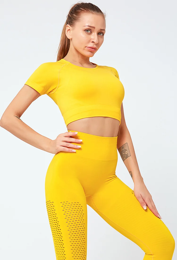 Custom Women S 2 Piece Yellow Seamless Body Slimming Exercise Training