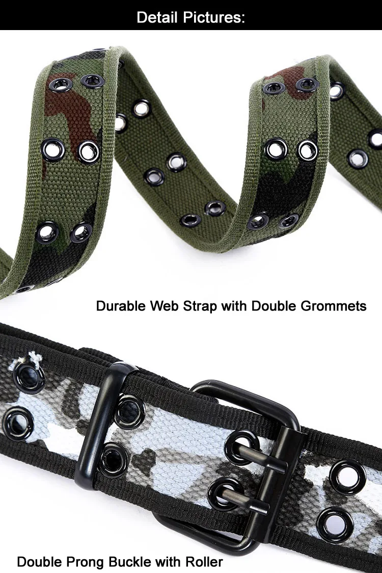 Custom Printed Camouflage Cotton Polyester Double Eyelet Web Canvas Belt for Casual Jeans