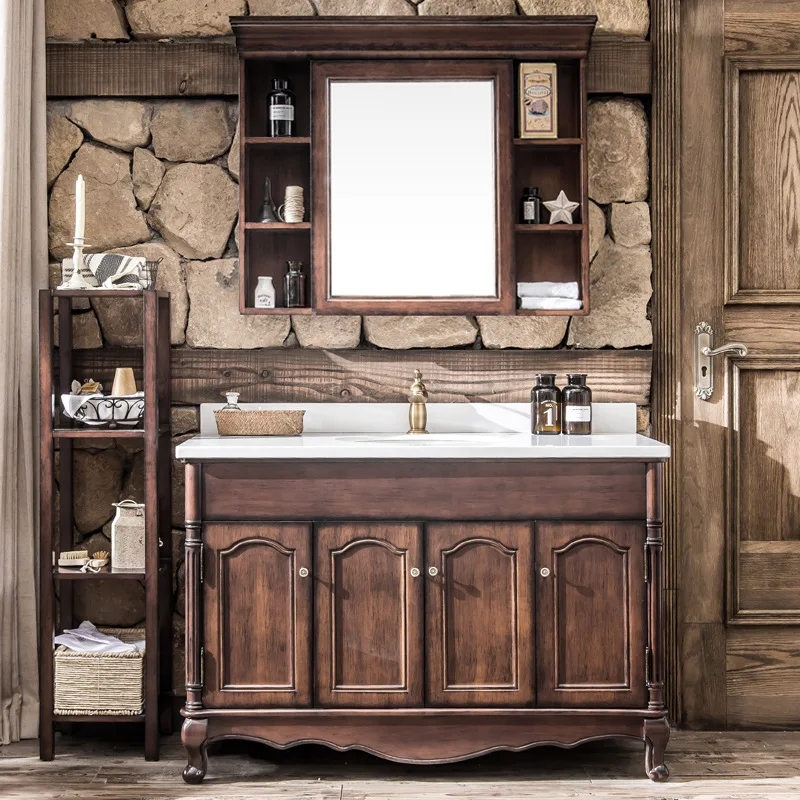 American Bathroom Vanity floor-standing solid wood light luxury combination wash basin French carved toilet storage cabinet