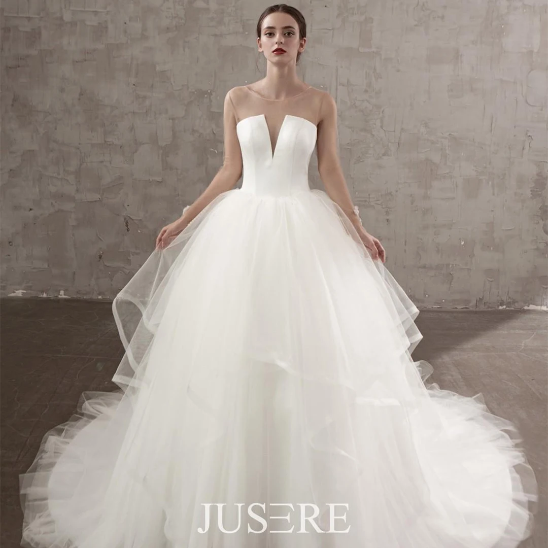 Elegant ivory scoop illusion cutout neck long sleeve ruched skirt european styles ball gown wedding dress plus size bridal gown