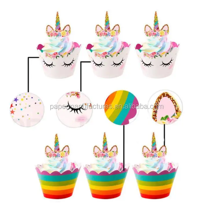 48pcs unicorn cupcake wrappers toppers dino cupcake topper cake party