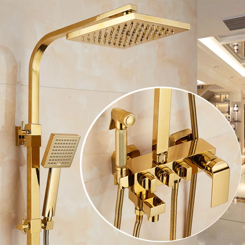 Gold Finish Bathroom Rainfall Shower Mixer Head Faucet Set Wall Mounted