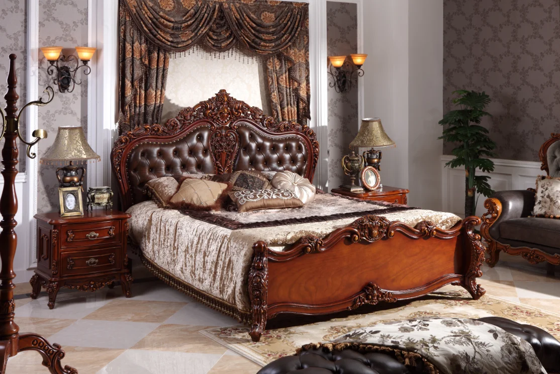 ajj 热卖意大利金色家具豪华家具雕花木女王品质奢华皮革床 fm172