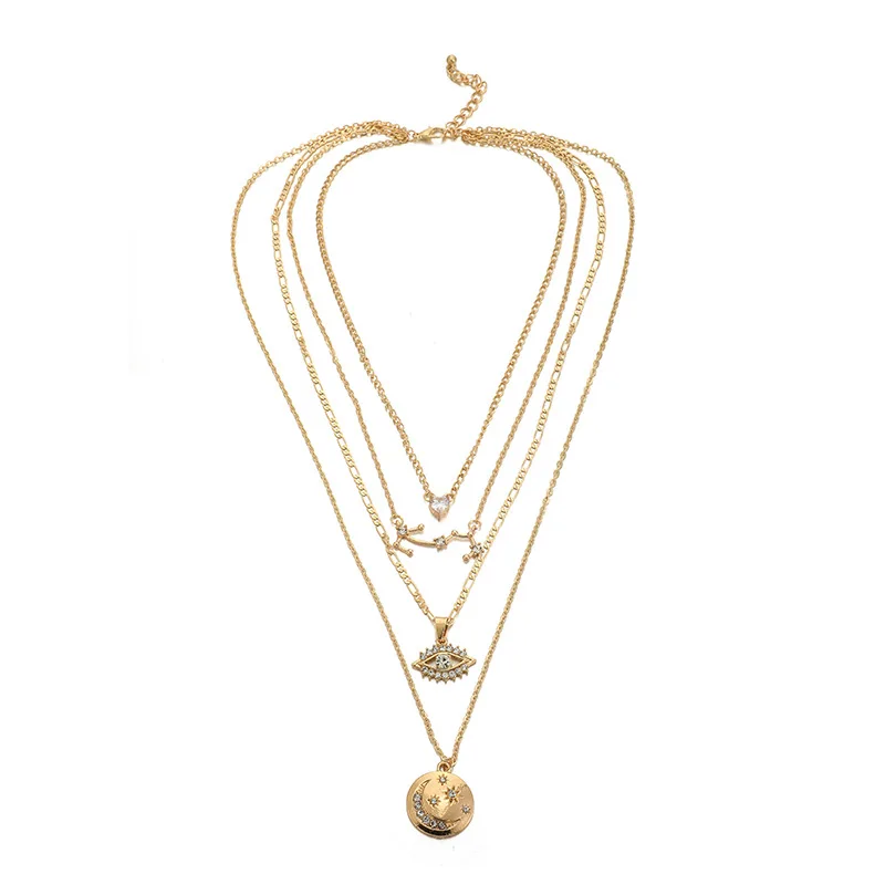 
Wholesale and retail Europe and the United States fashion love eye star moon full diamond multi-layer necklace 