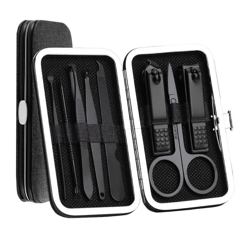 8Pcs/Set Stainless Steel Black Pedicure Scissor Tweezer Manicure Set Kit Nail Art Tools Multifunction Nail Clippers Set .jpg