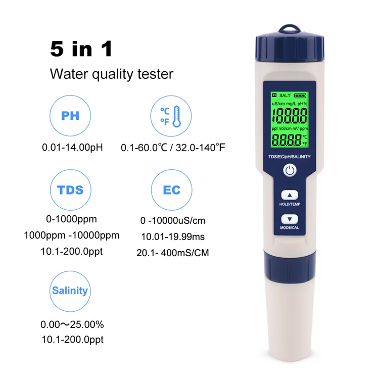 Digital portable 5 in 1 TDS/EC/PH/Salinity/Temperature Meter  water quality test pen Multifunctional waterproof salinity meter
