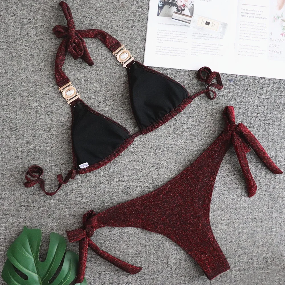 时装秀性感比基尼水晶钻石 mujeres negras 沙滩装闪亮女士泳装