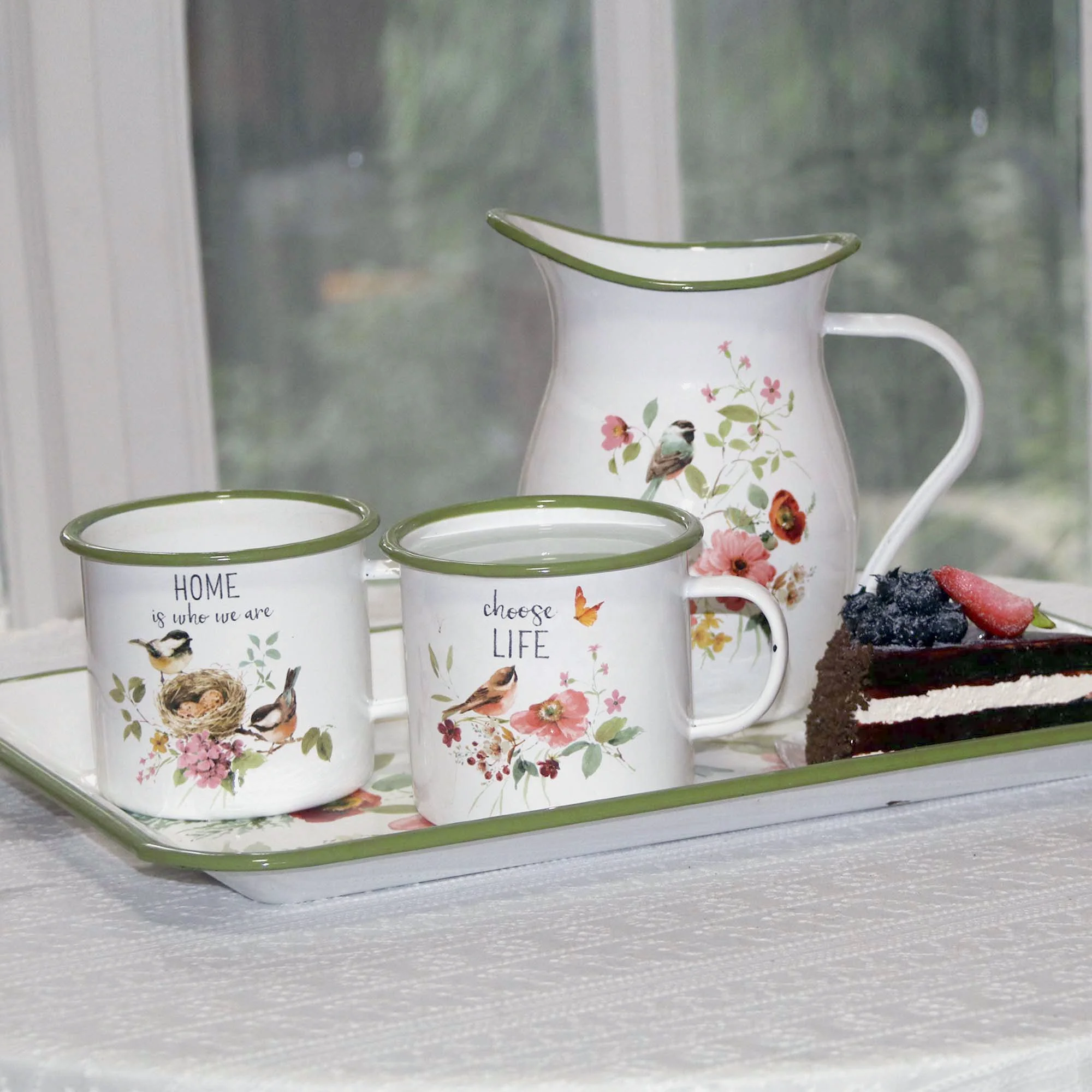 Enamel Water Jug,Enamel Pitcher With Green Rim /full Decal Water Jug