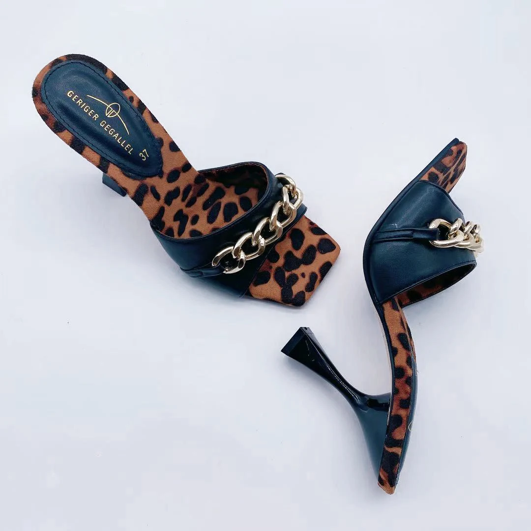 1008-2女鞋豹动物印花高跟凉鞋细跟高跟拖鞋