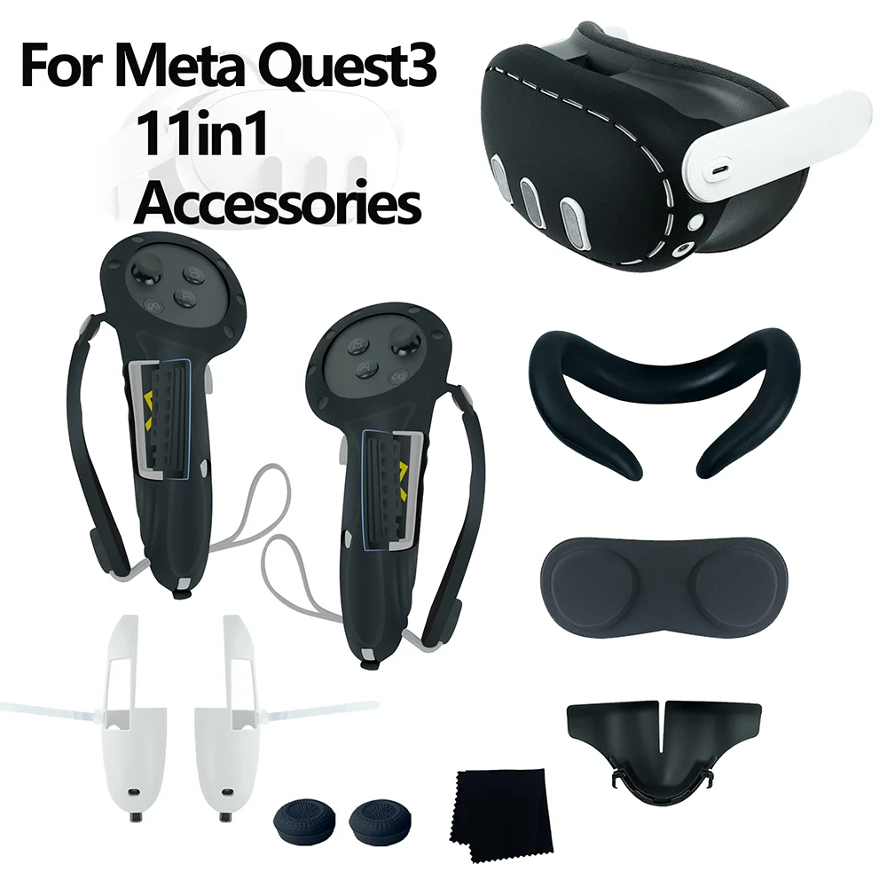 For Meta Quest 3 Protection Kit 11in1 Extended Controller Silicone Grips Face Cover Lens Cap