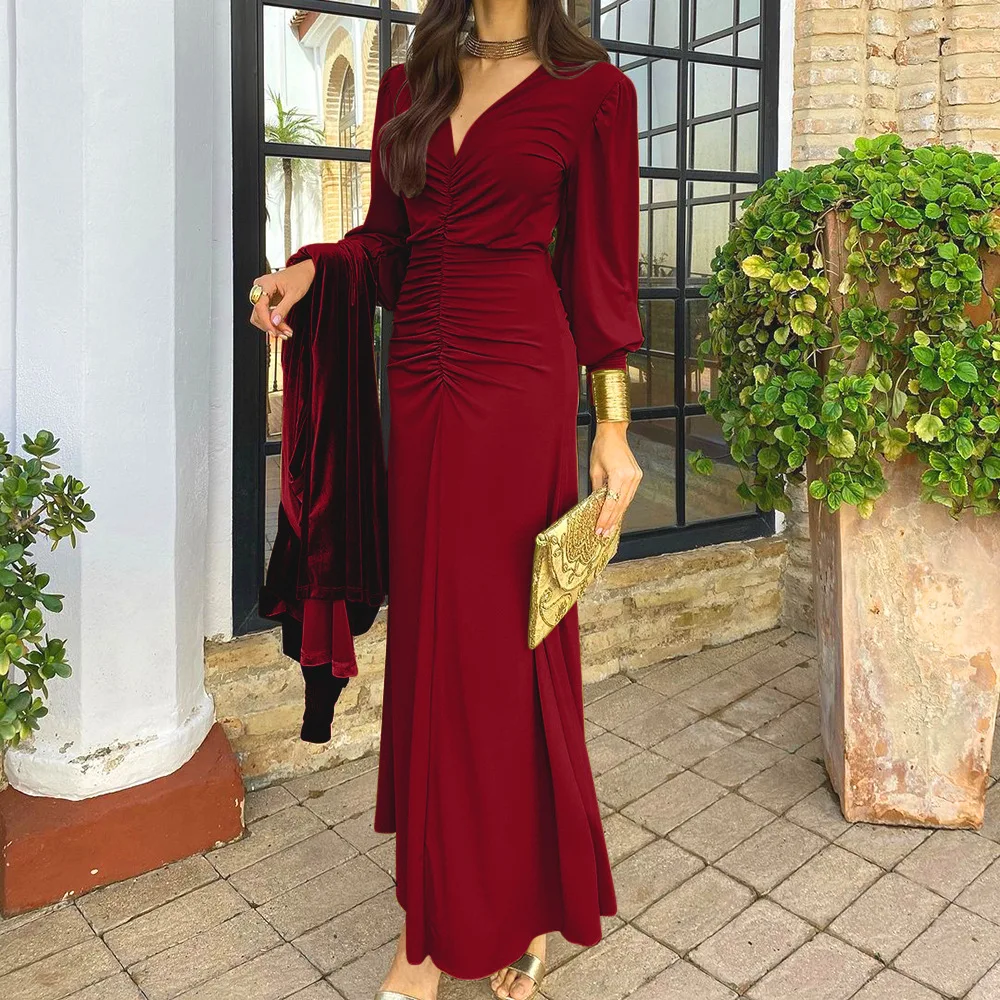 Elegant Floor-Length Floral 3D Pattern Dress Long French Skirt Translucent Features Lantern Sleeve Ruched Ruffles for Women XL