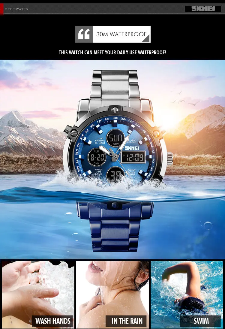 SKMEI 1389 Luxury Silver Gents Timepiece Dual Display Stainless Steel Band Calendar Multi Function Concise Casual Reloj Watch