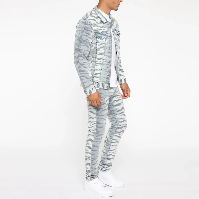 Fold Down Collar Zipper Closure Casual Jacket 2020 Denim Tiger Striped