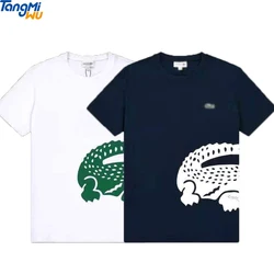 Custom embroidery logo high quality crocodile printing fashion cotton elastic crewneck t shirts men