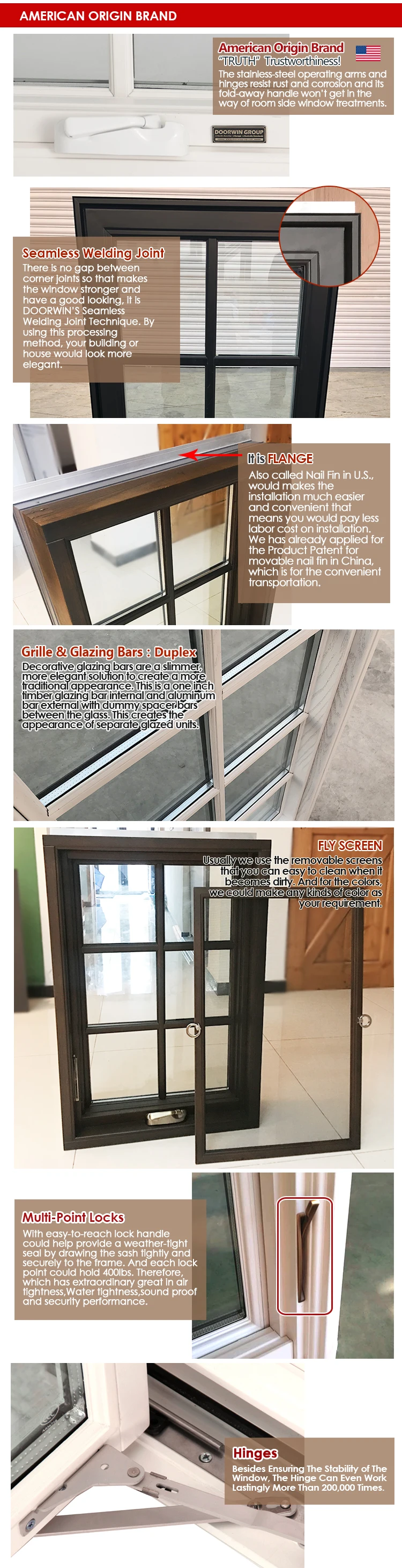 American Style Wooden grille design large size best supplier white crank open casement windows