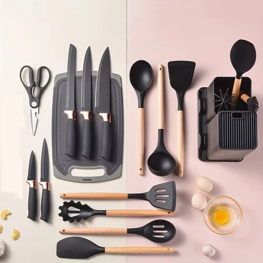 product knives kitchenware set kitchen utensils set bpa free wooden knife chef knife combination silicone cooking shovel cutting-7