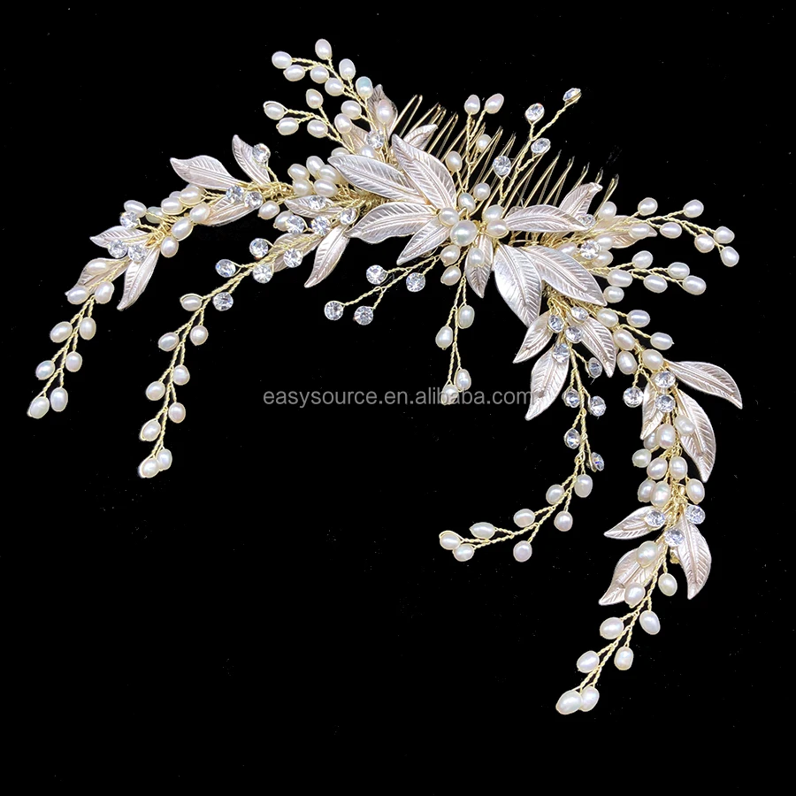 Fresh Water Pearls Bridal Hair Comb Light Gold Leaves Wedding Headpiece