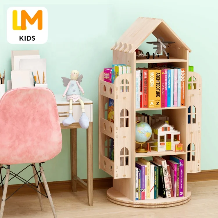 Lm Kids Bookshelves Storage Solid Wood Revolving Bookcase