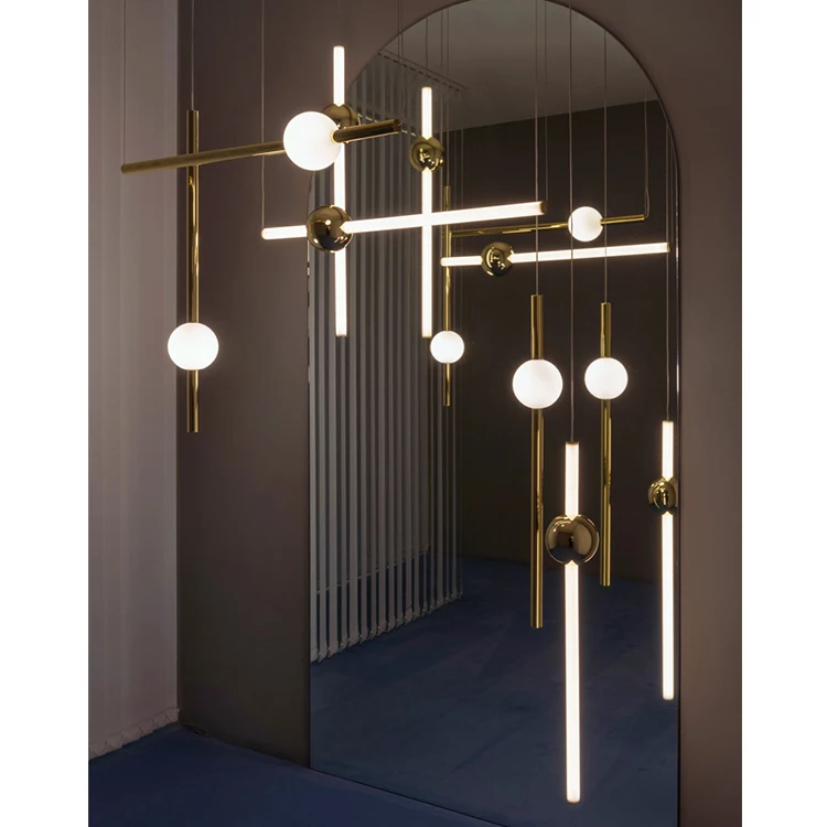 Decorative LED chandelier vertical horizontal pendant light ball combine with glass ball hanging lamp and metal stick