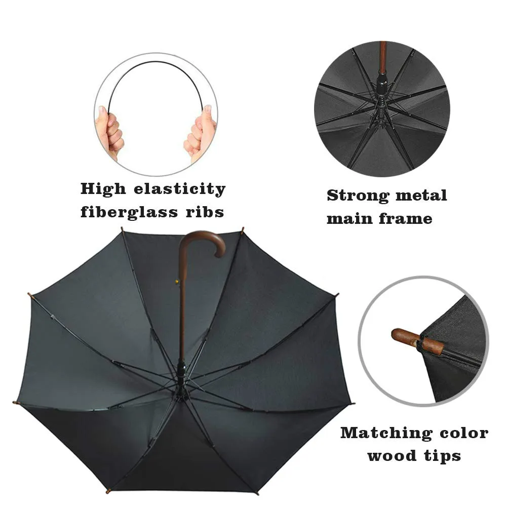 Classic Umbrella Automatic Open Wooden Stick Windproof Folding Rain Black STRONG 