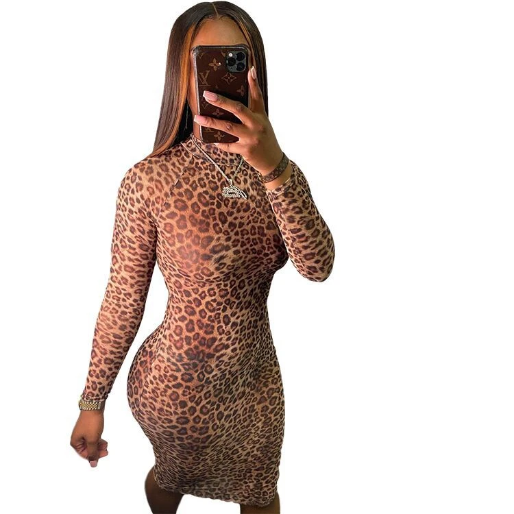 Latest Design leopard Bodycon Sexy Long Sleeve Fashion Clothing For Women Dresses Woman Casual long maxi Dress