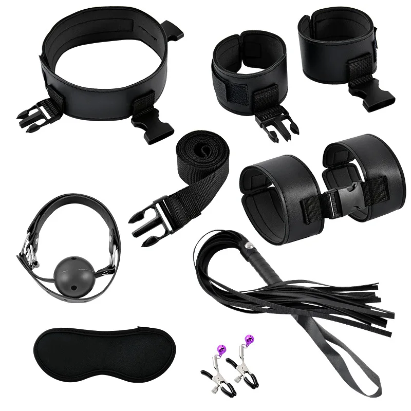 Sm Bondage 8pcs Set Hand Cuffs Ankle Cuffs Neck Collar With Chain Mouth