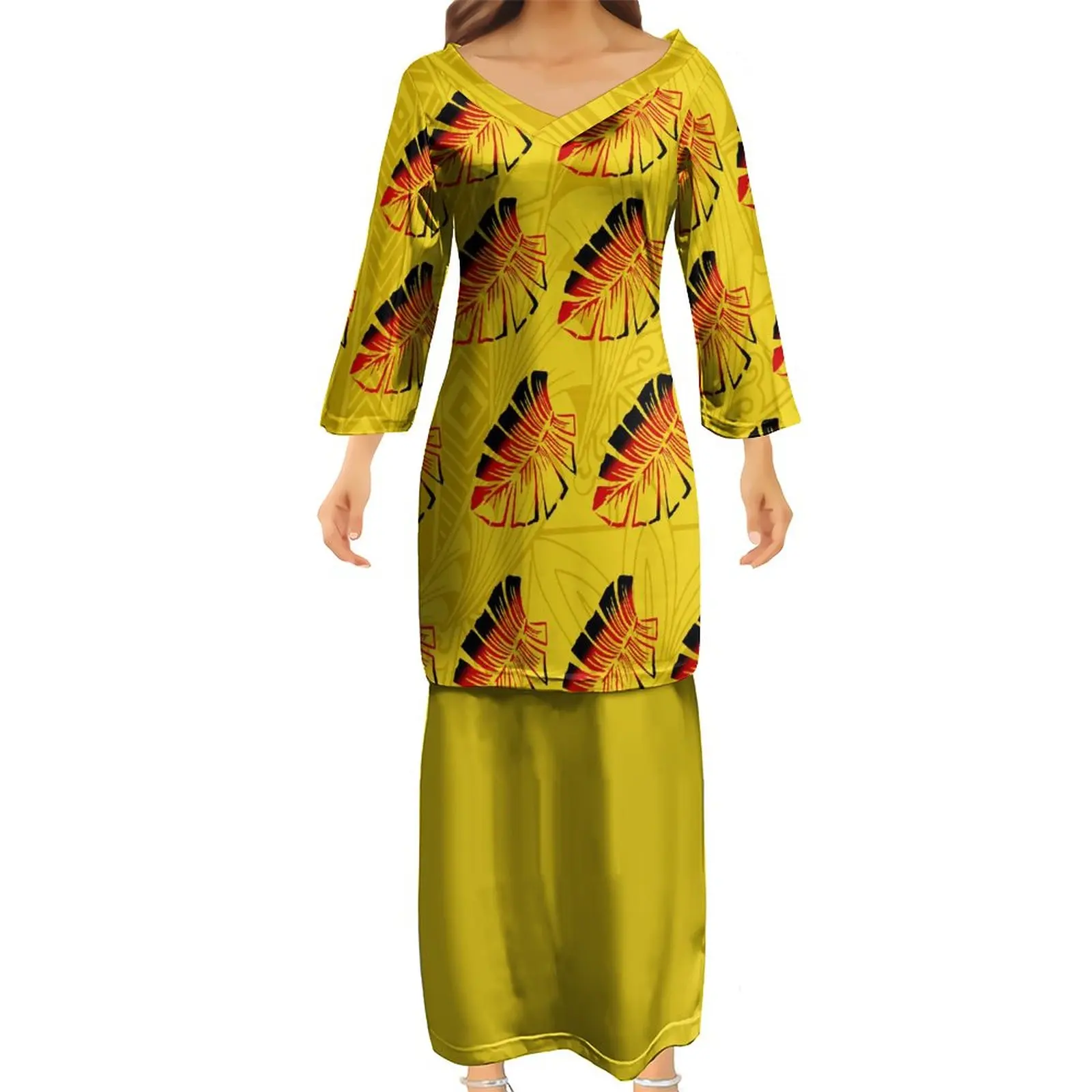 Samoadress Patterns Polynesian Tribal Tapa Pattern Design Samoa Tonga Puletasi Dress V Neck ...