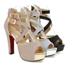 Hot Sale Gold Powder PU High Platform Heel Women Strappy Sandal