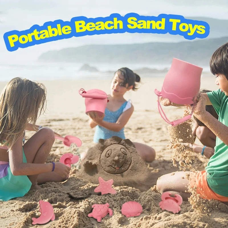 Portable Pink 8 Pcs Silicone Beach Toys Baby Sand Toys Set With Bucket