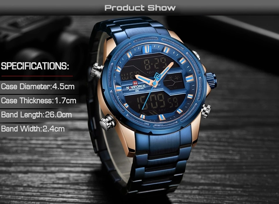 NAVIFORCE Men Watch 9138 Waterproof Full Steel Watches Men Wrist Digital LED Dual Display Wristwatches Relogio Masculino