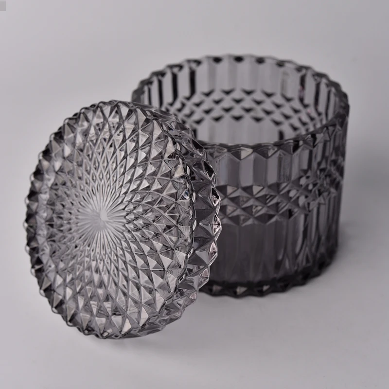 GEO Cut black glass candle jar with lid