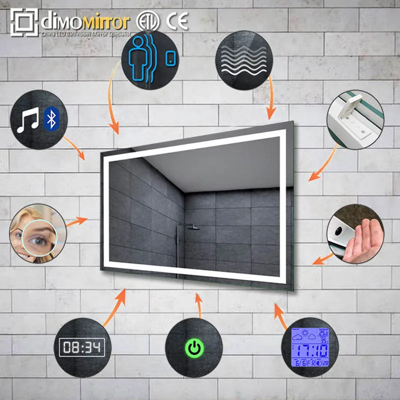 LED lighted bathroom touch screen smart mirror price with Bluetooth/radio/clock/temperature