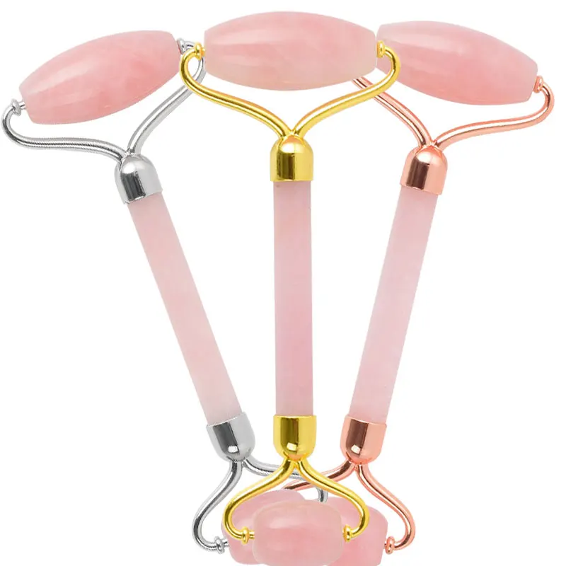
2019 amazon hot sale noisy-free not easy to break natural jade roller rose quartz roller with stronger zinc allont metal frame 