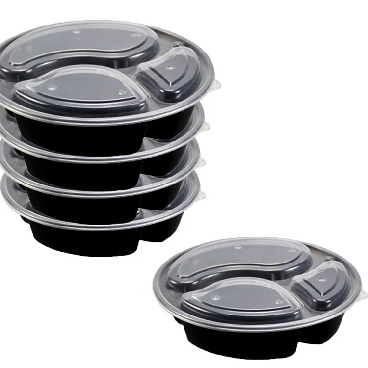 Take-out Lunch Box 1000ml Disposable Black Round Three-grid Plastic ...