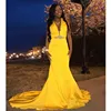 ZH4175G Black Girls Prom Dresses Deep V Neck Sexy Long Yellow Prom Gowns Satin Beaded Graduation Party Dress