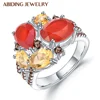 Abiding Luxury Natural Red Agate Citrine Rings Fine Jewelry 925 Sterling Silver Gemstone Vintage Ring for Women