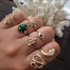 7pcs/set Gold Color Crystal Flower Geometric Black Eye Green Stone Buddha head Finger Ring Punk Snake Rings Women