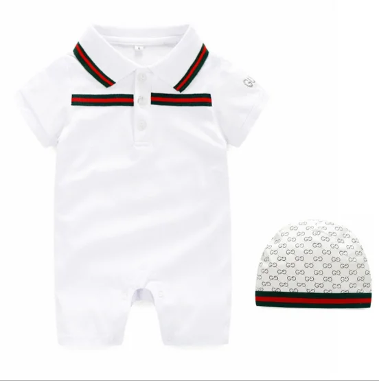

White color baby boy polo creeper 100% cotton bodysuit with rib collar and bee embroidery baby romper high quality 2 pcs and hat,3 Pieces, Picture