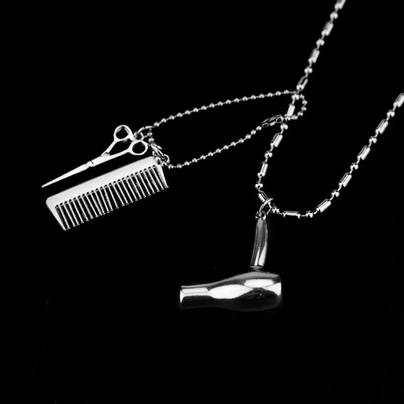 Secador de Pelo Tijeras Peine Collar de encanto Colgante Cabello Tocador Color plata