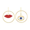 Street Style Asymmetric Gold Statement Earrings Red Lip Evil Eyes Loop Dangle Earrings for Party