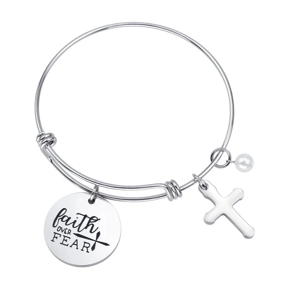 

Loftily Jewelry Christian Bracelet Bible Verse Faith Over Fear Cross Charm Personalized Stainless Steel Adjustable bangle, Silver