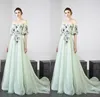 ZH1995Q 2019 flower Embroidery Long Sleeve Mint Green Evening Dresses Off The Shoulder with belt A Line Prom Party Formal Gowns