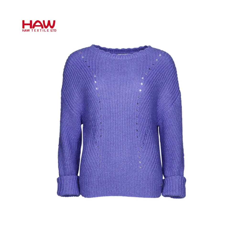 
Pointelle Round Collar Wool Women Full Length Sweater 