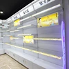 commercial glass shelf display metallic full color display stand with glass shelves