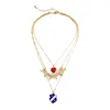 xl01847 Crystal Bowknot Ruby Heart Pendant Layered Gold Necklace Women